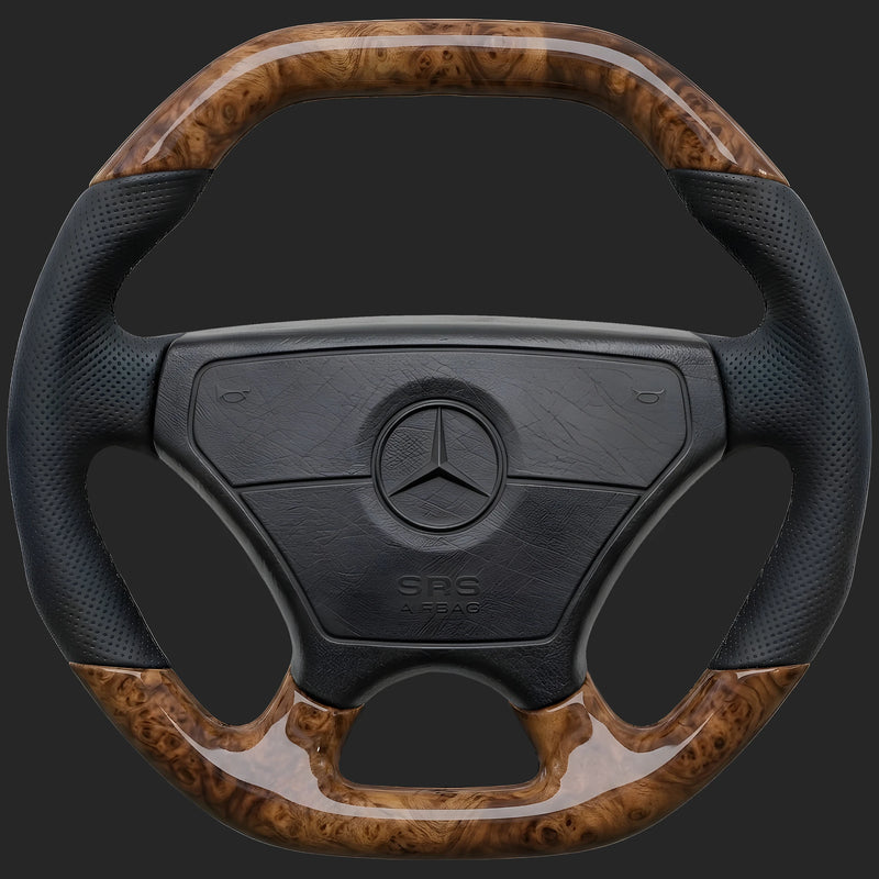 Lenkrad nach Maß für Mercedes-Benz SLK R170: Sport Line Lenkradkranz mit Sport-Ergonomie, Wurzelnuss oben und unten und gelochtem Leder auf den Seiten