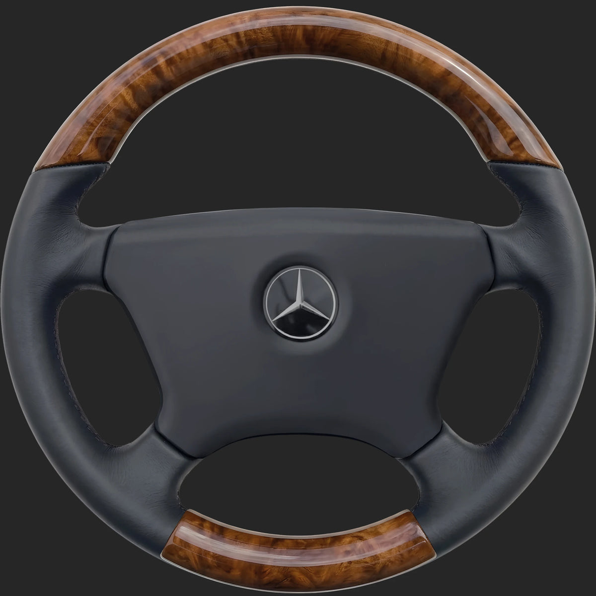 Mercedes-Benz W123 custom steering wheel: smaller-diameter rim with sport grip and a burl walnut top and bottom