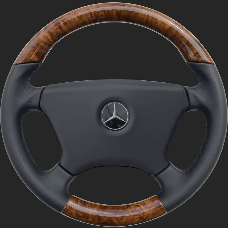 Mercedes-Benz W123 custom steering wheel: smaller-diameter rim with sport grip and a burl walnut top and bottom