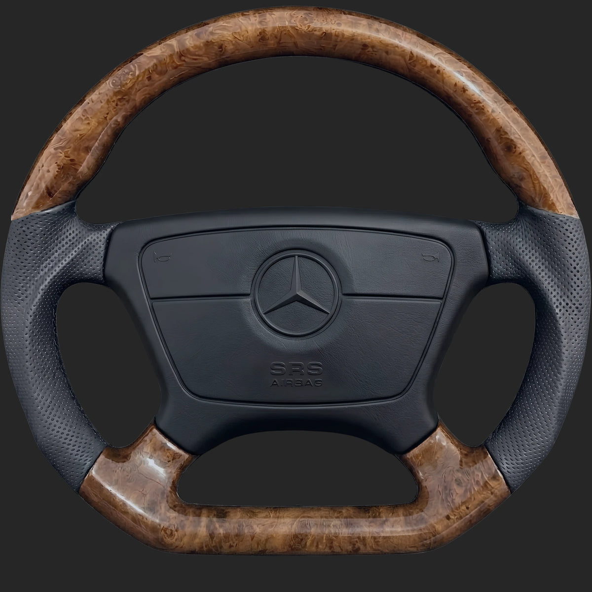 Mercedes-Benz W124 E-Class custom steering wheel: burl walnut top and bottom, sport grip, flat bottom and perforated leather sides