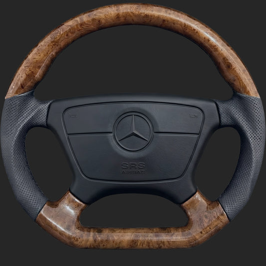 Mercedes-Benz W124 E-Class custom steering wheel: burl walnut top and bottom, sport grip, flat bottom and perforated leather sides