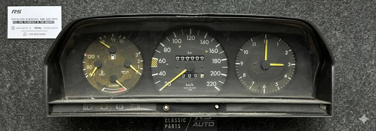 Mercedes-Benz W124 instrument cluster before restoration: faded needles and discoloured gauge faces