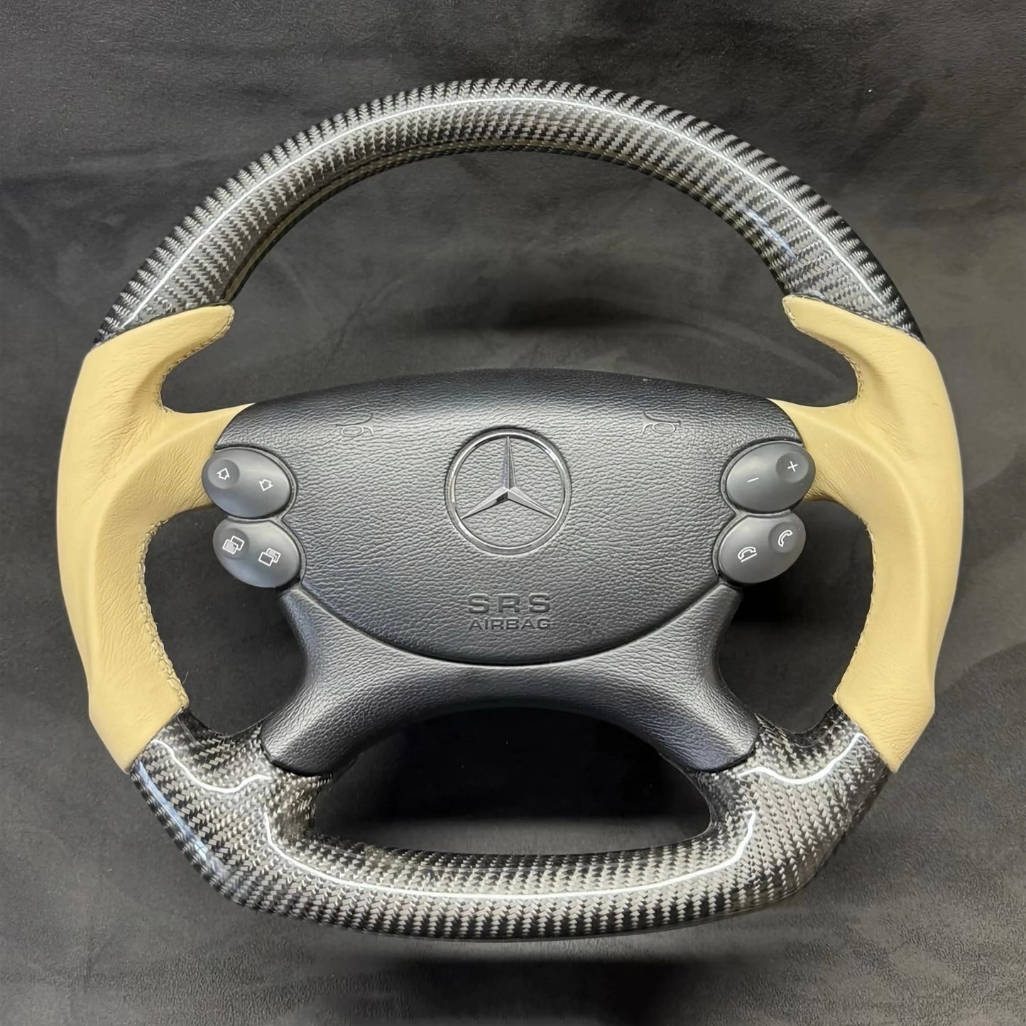 AMG-style carbon fiber and beige nappa leather steering wheel for Mercedes-Benz W211 W219 W209 R230