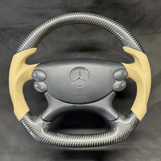 AMG-style carbon fiber and beige nappa leather steering wheel for Mercedes-Benz W211 W219 W209 R230